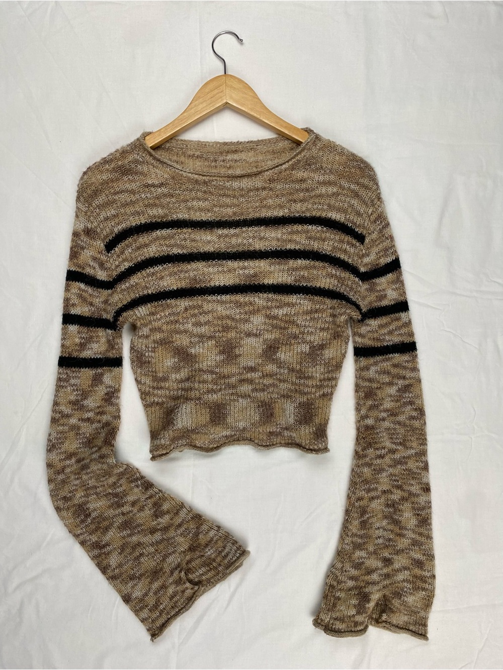 Beige and Black Striped Cropped Knit Sweater